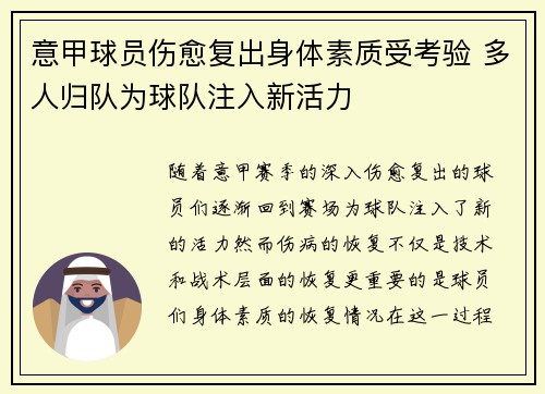 意甲球员伤愈复出身体素质受考验 多人归队为球队注入新活力